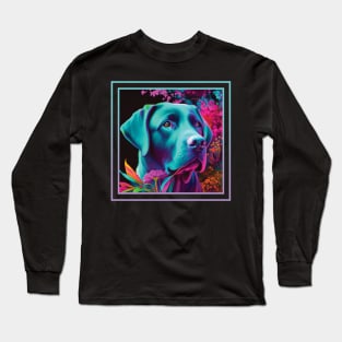 Silky Labrador Retriever Floral Vibrant Tropical Digital Oil Painting Pet Portrait Long Sleeve T-Shirt